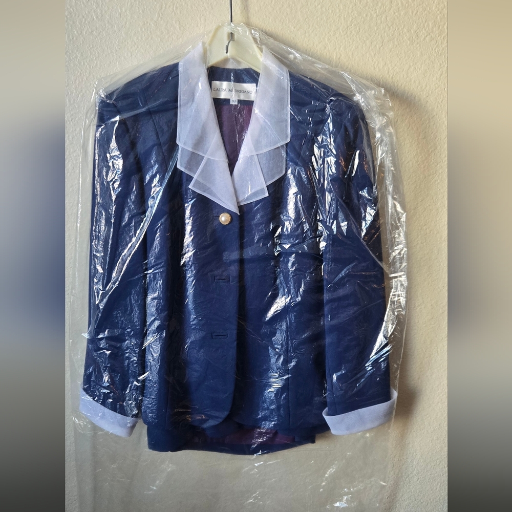 Vintage Laura Madrigano Blue Skirt Suit Set Women Size 16 Blazer Jacket USA Care